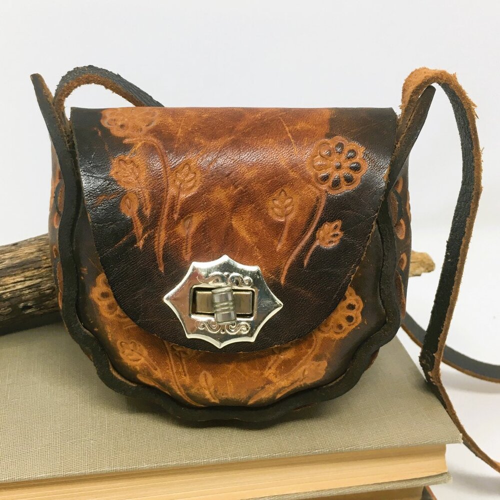 Vintage Leather Hand Tooled Floral Stamped Coin Purse Child's Mini Shoulder Bag